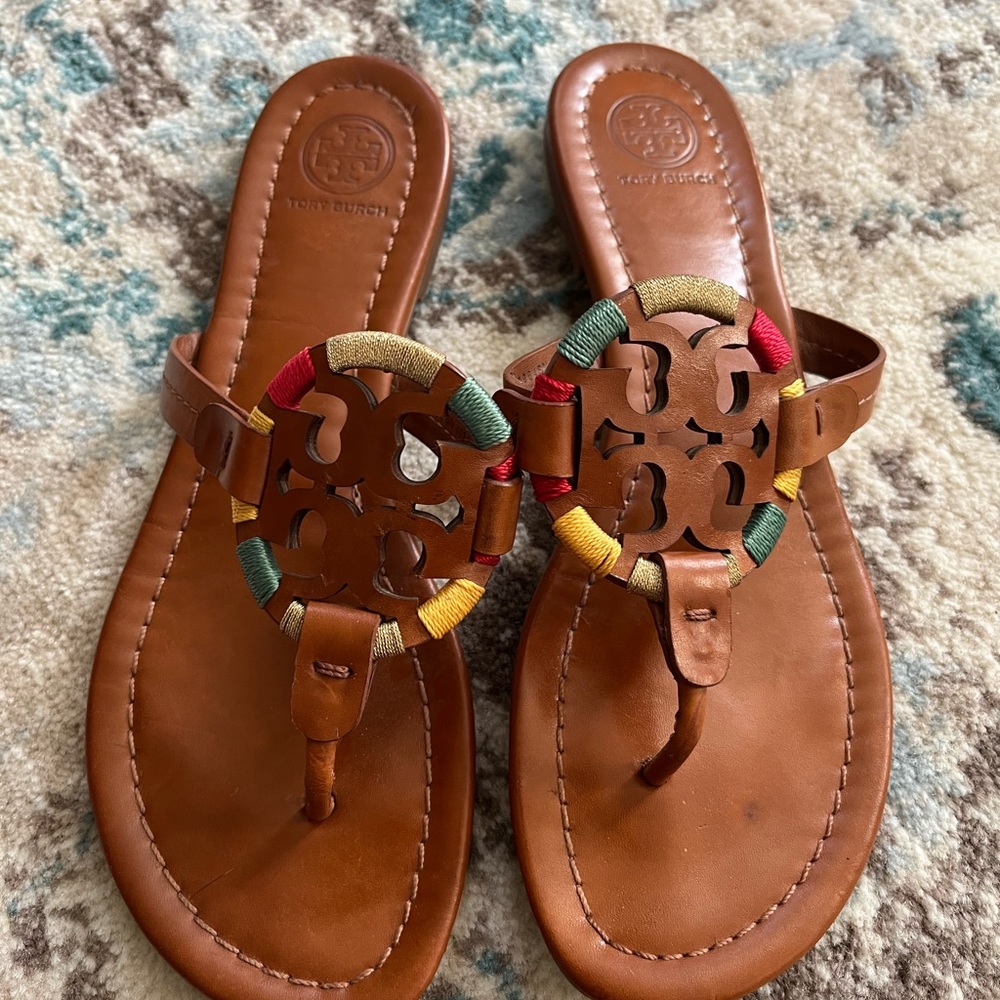 Tory Burch Miller leather tan embroidered sandals. Size 8.5.